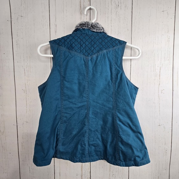 Noble Outfitters Ladies Faux Fur Neck Lined Canvas Vest Size‎ Large Teal Blue - Picture 2 of 15
